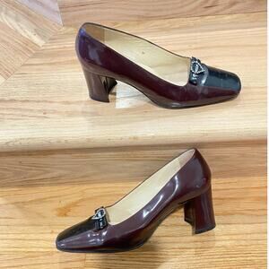 VTG Moschino Patent Leather Color Block  37.5uk/8us Burgundy and Black Italy